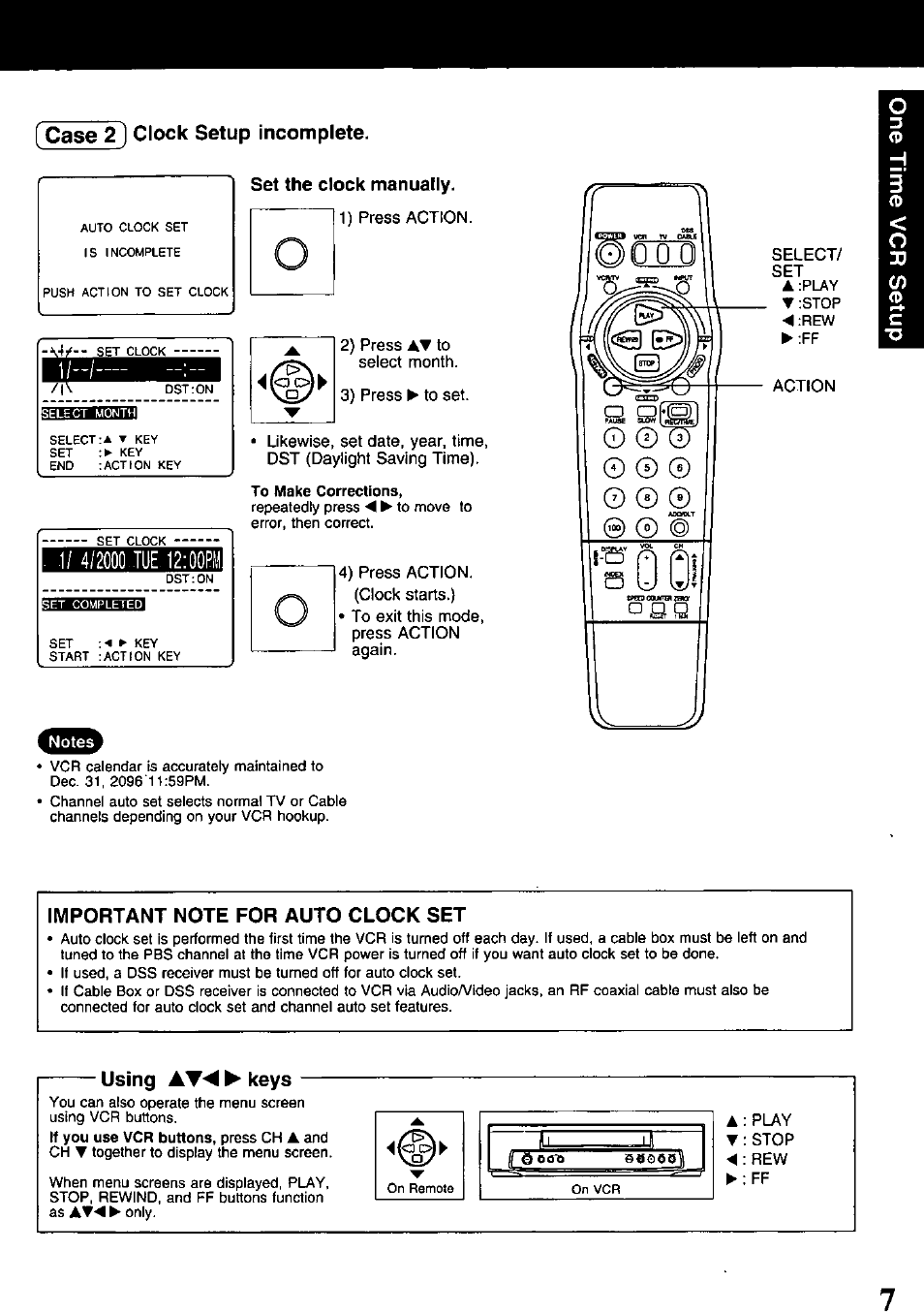 Case 2) clock setup incomplete, Set the clock manually, Important note for auto clock set | Using awm ► keys | Panasonic PV-840F User Manual | Page 7 / 40