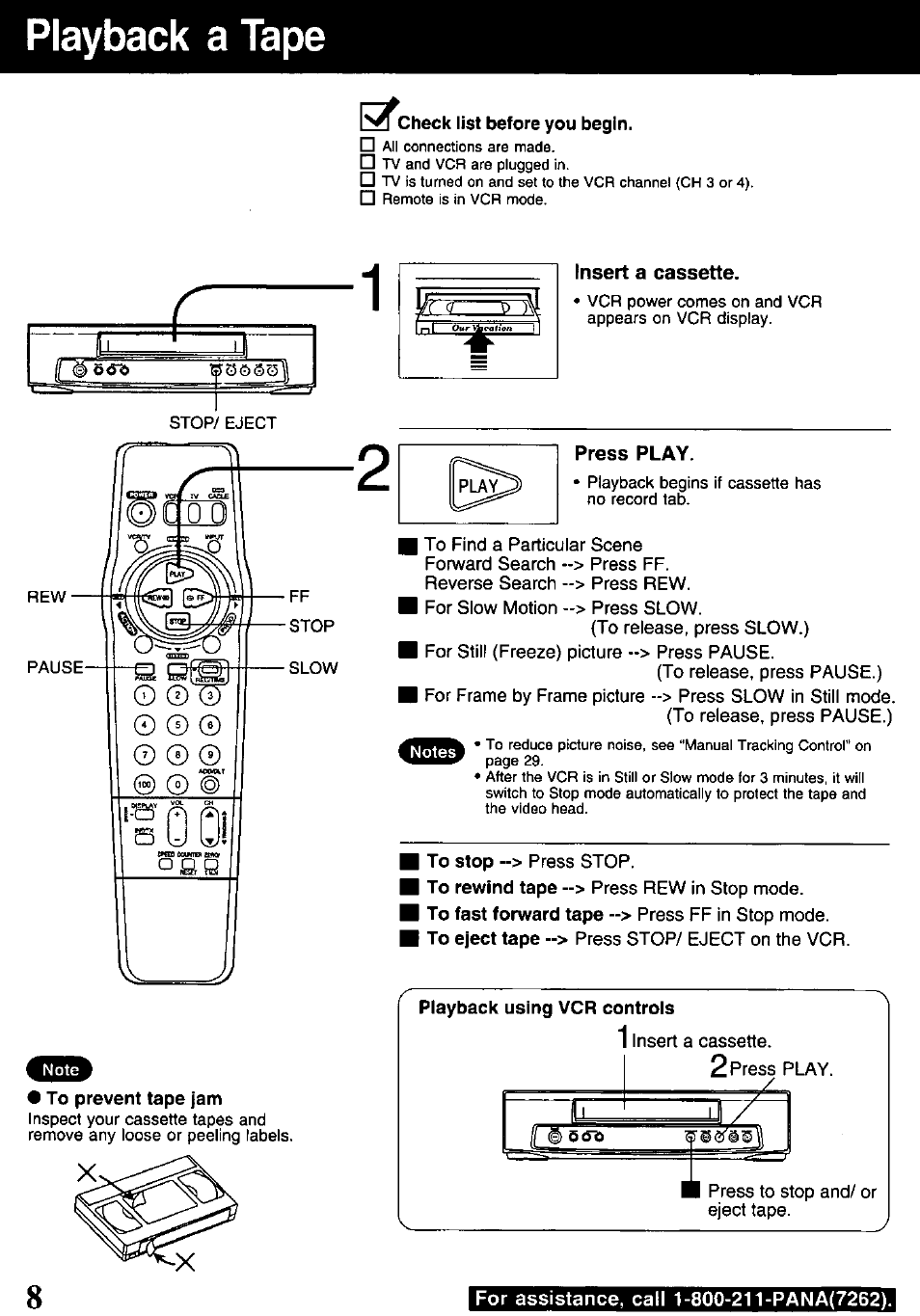 Playback using vcr controls, Playback a tape | Panasonic PV-840F User Manual | Page 8 / 40