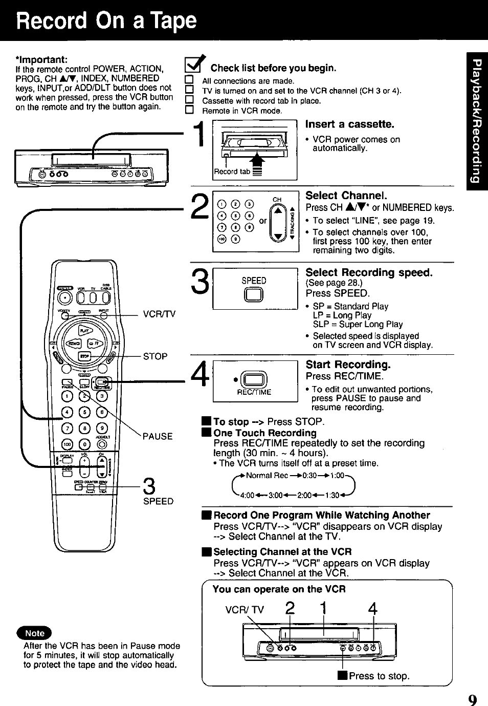 Insert a cassette, Select channel, Select recording speed | Start recording, Timer recording ,13, Record on a tape | Panasonic PV-840F User Manual | Page 9 / 40
