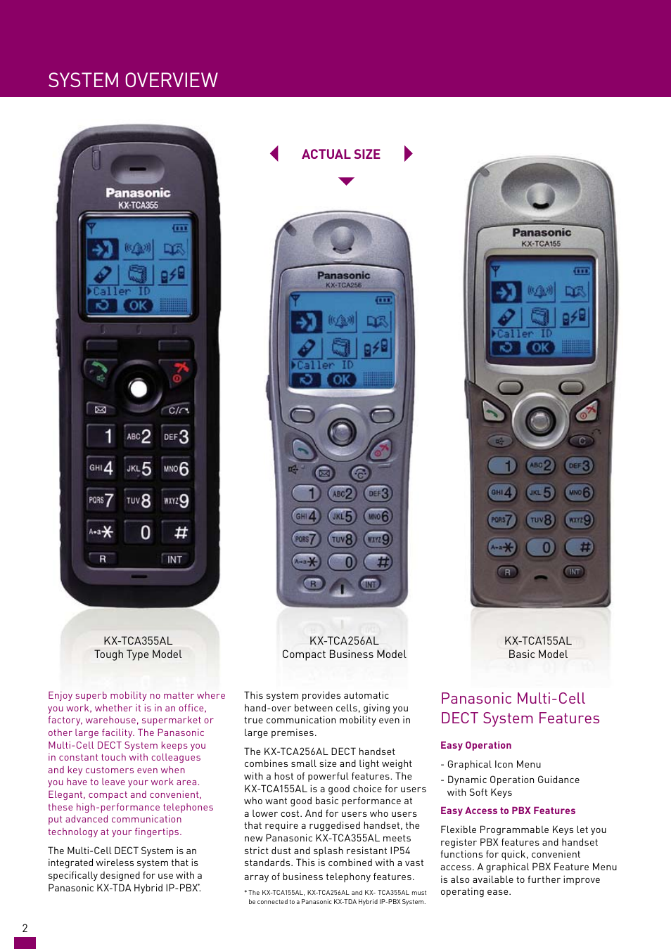 System overview, Panasonic multi-cell dect system features, Actual size | Panasonic KX-TCA256AL User Manual | Page 2 / 4