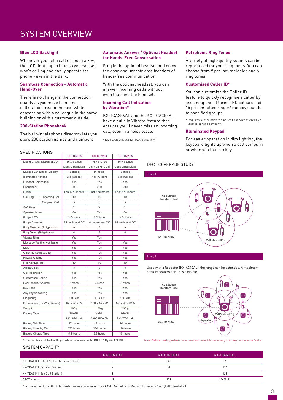 System overview, Dect coverage study, System capacity | Panasonic KX-TCA256AL User Manual | Page 3 / 4