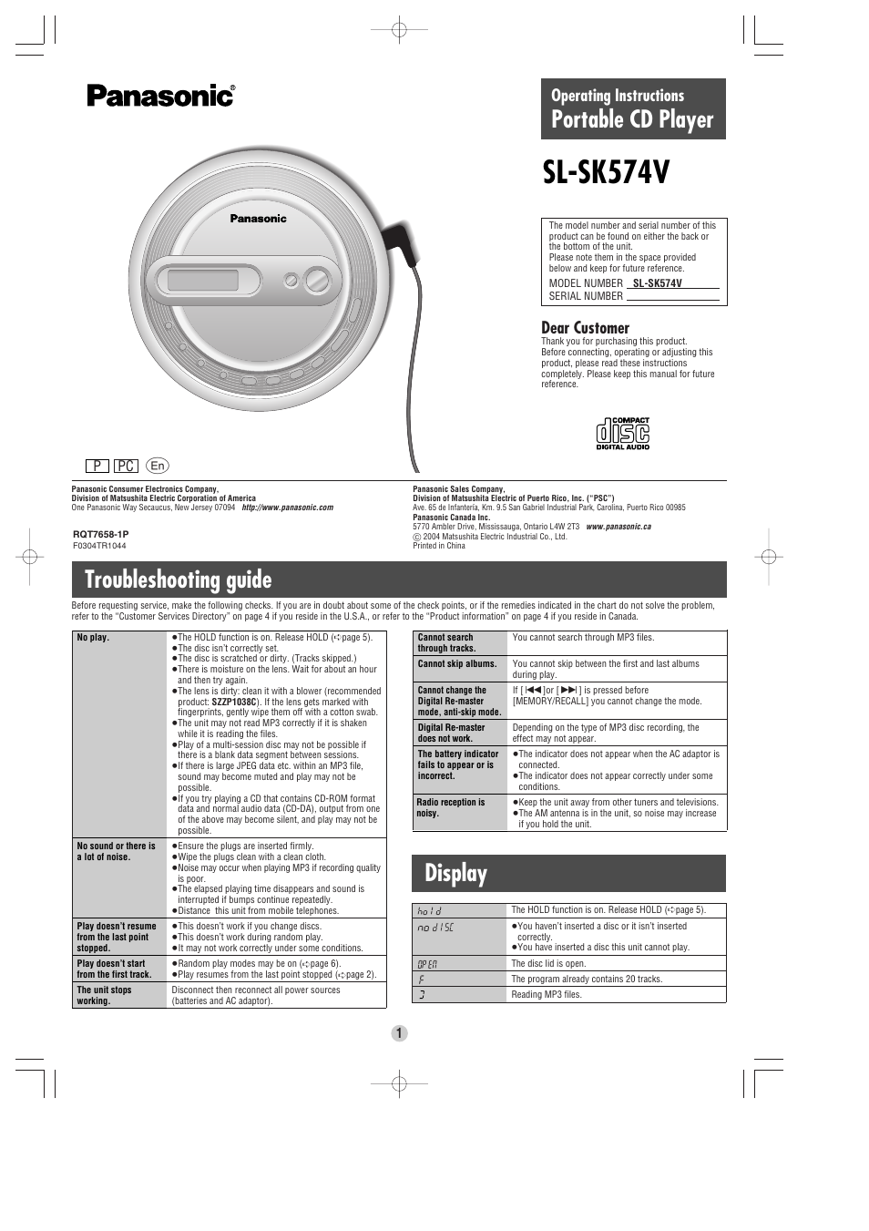 Panasonic SL-SK574V User Manual | 8 pages