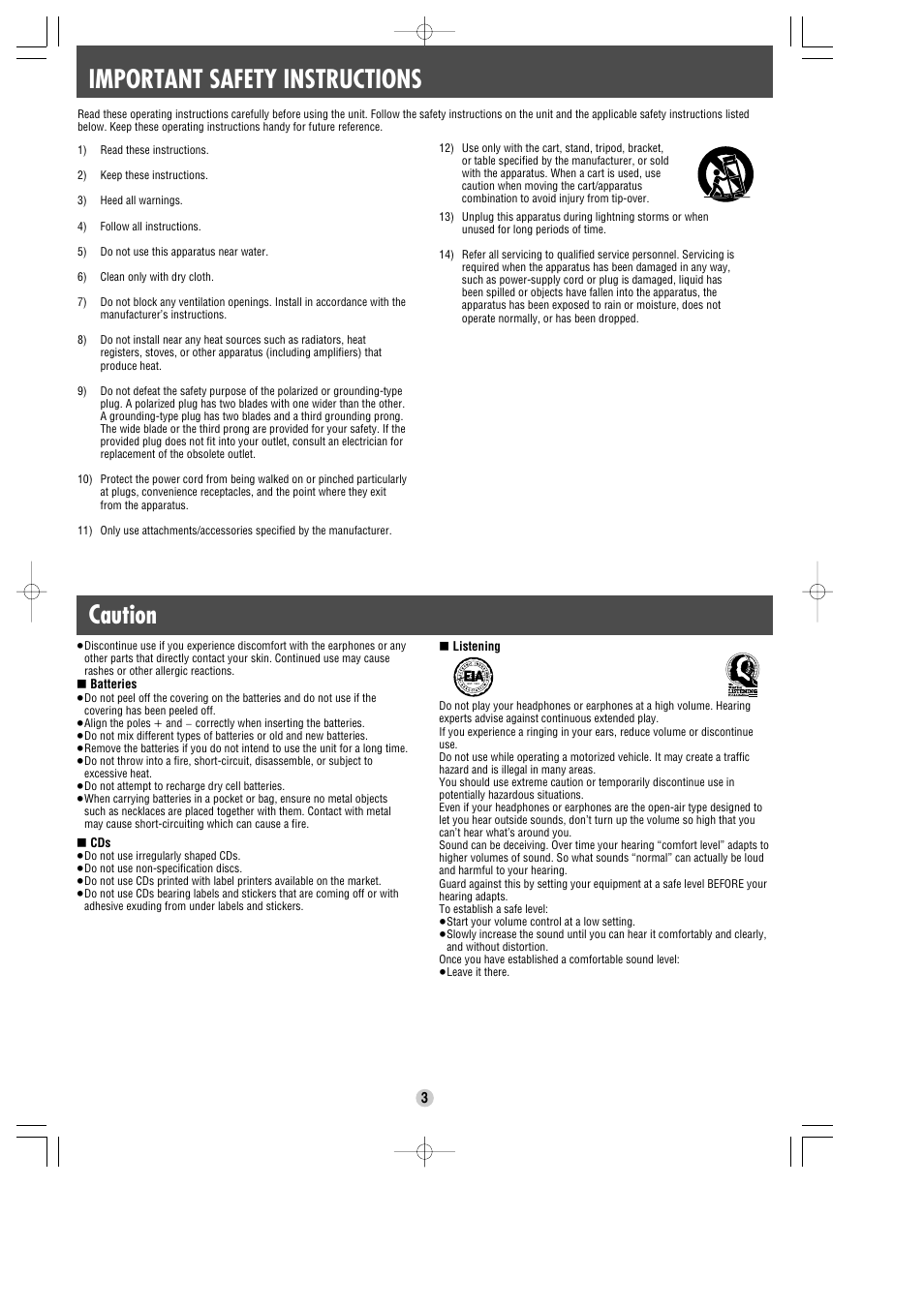 Important safety instructions, Caution | Panasonic SL-SK574V User Manual | Page 3 / 8