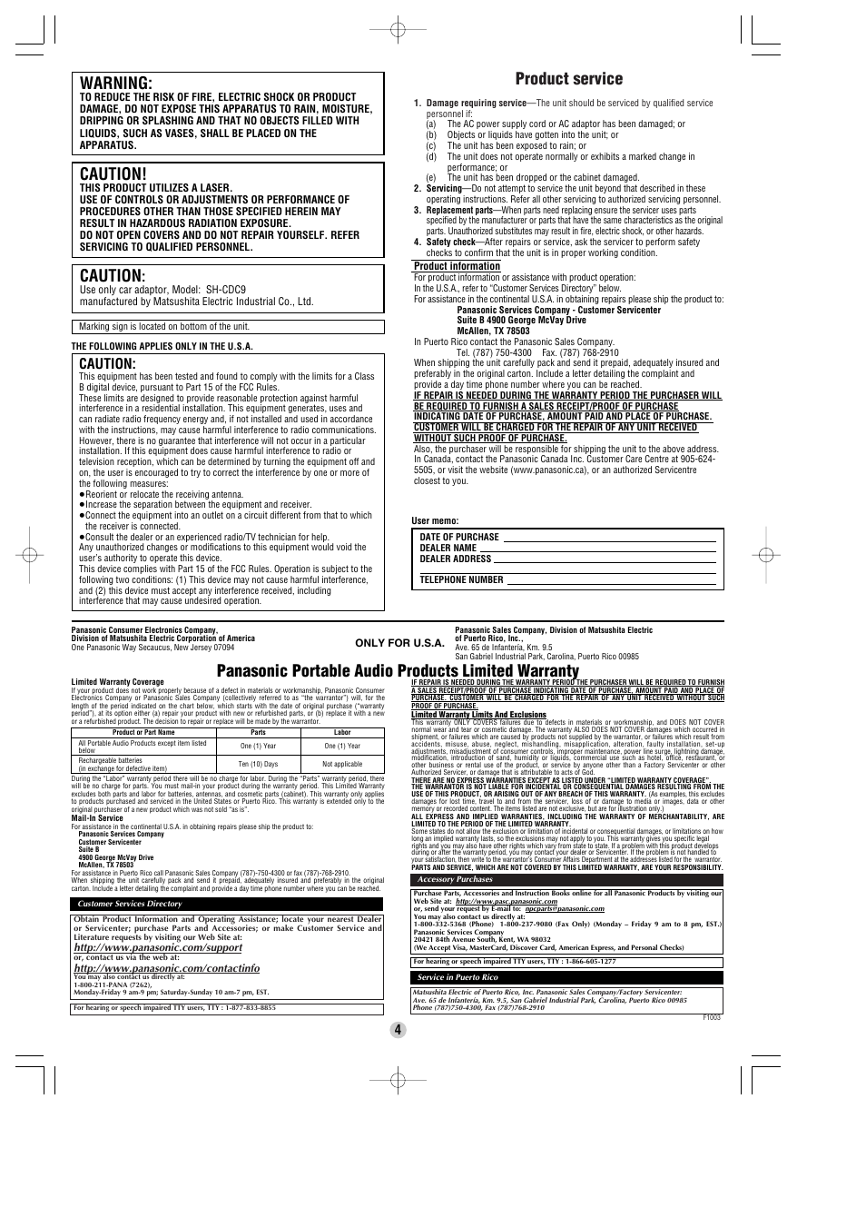 Caution, Warning, Product service | Panasonic portable audio products limited warranty | Panasonic SL-SK574V User Manual | Page 4 / 8