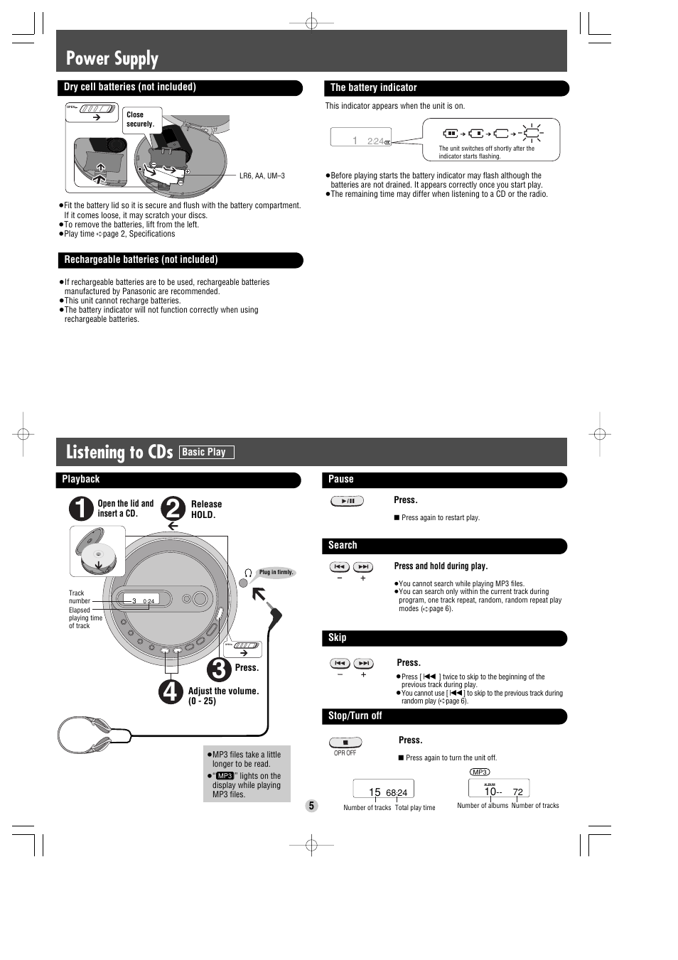 Listening to cds, Power supply | Panasonic SL-SK574V User Manual | Page 5 / 8