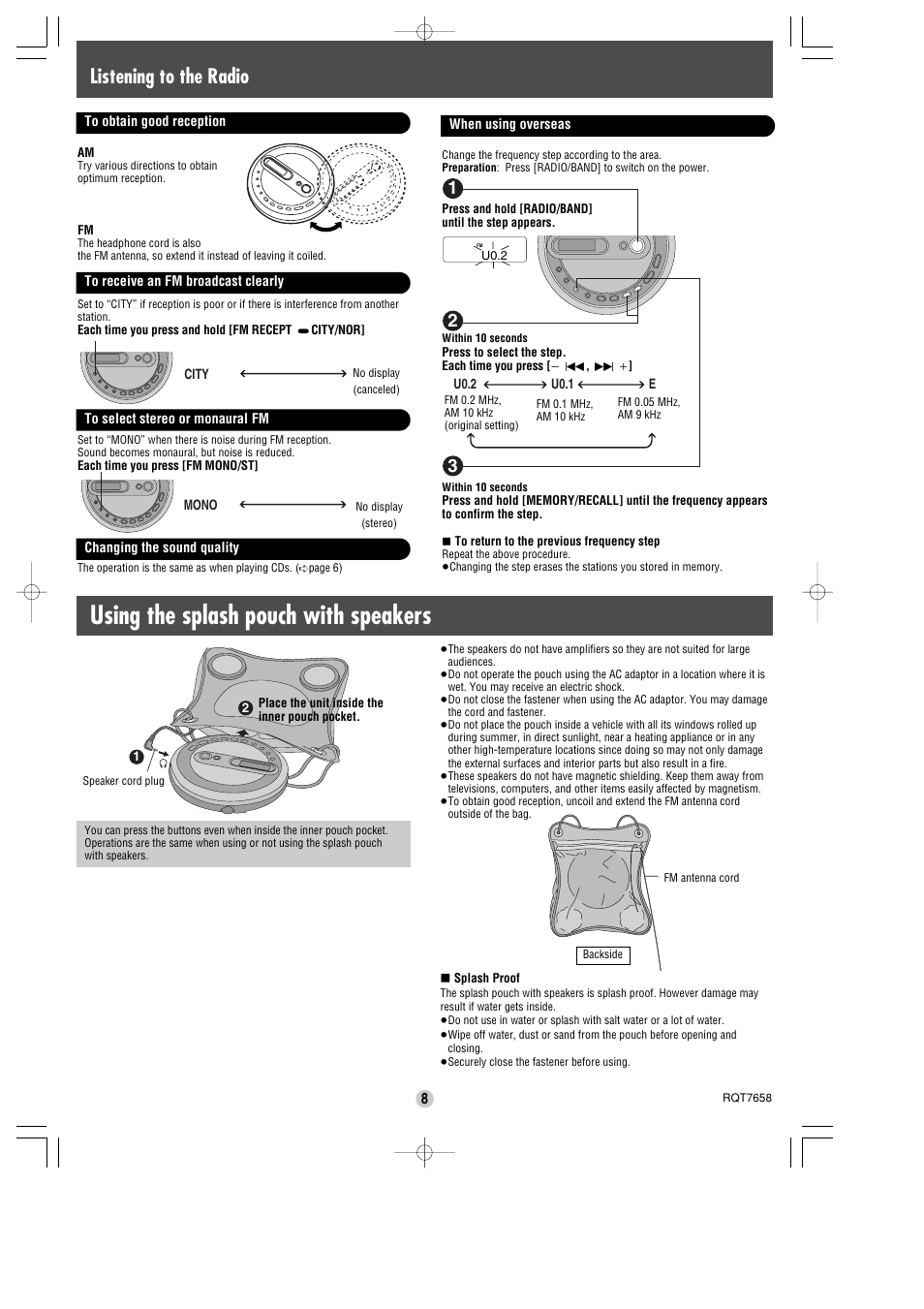 Using the splash pouch with speakers, Listening to the radio | Panasonic SL-SK574V User Manual | Page 8 / 8