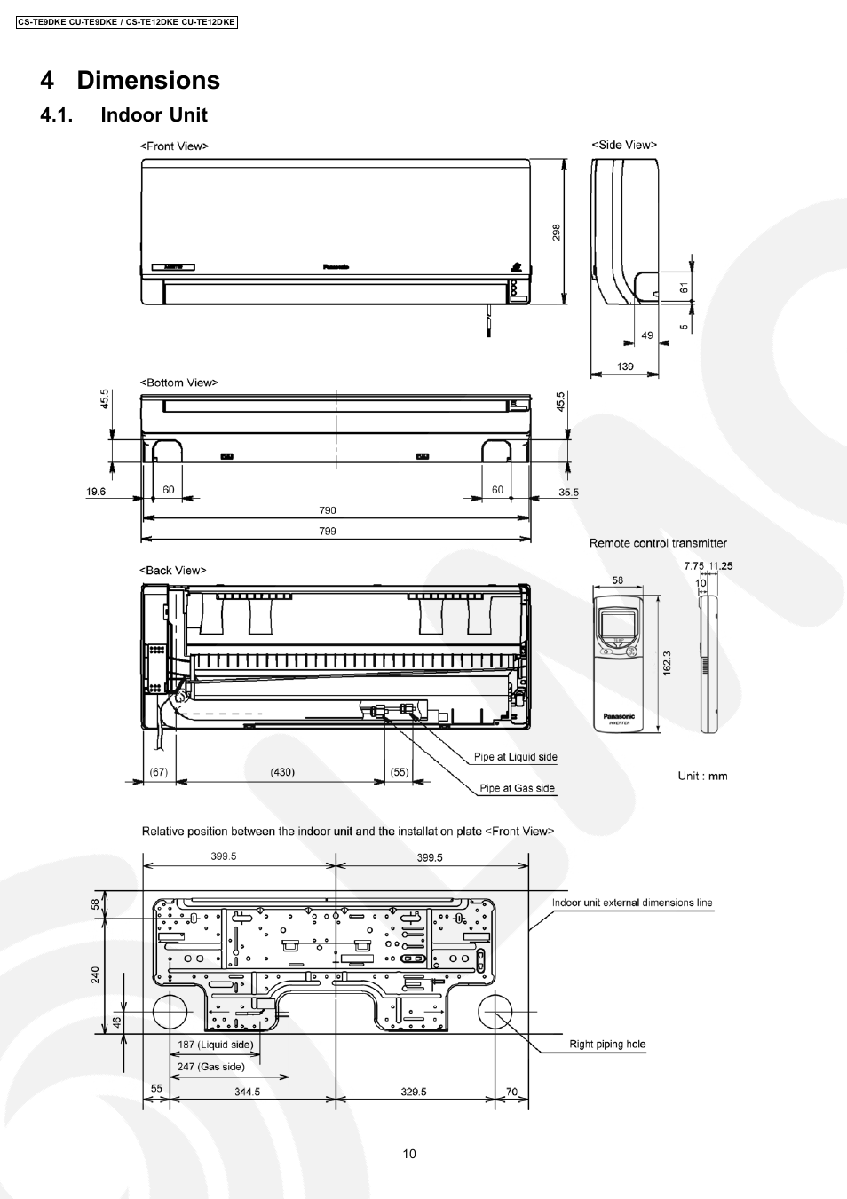 4 dimensions, Indoor unit | Panasonic CU-TE12DKE User Manual | Page 10 / 80