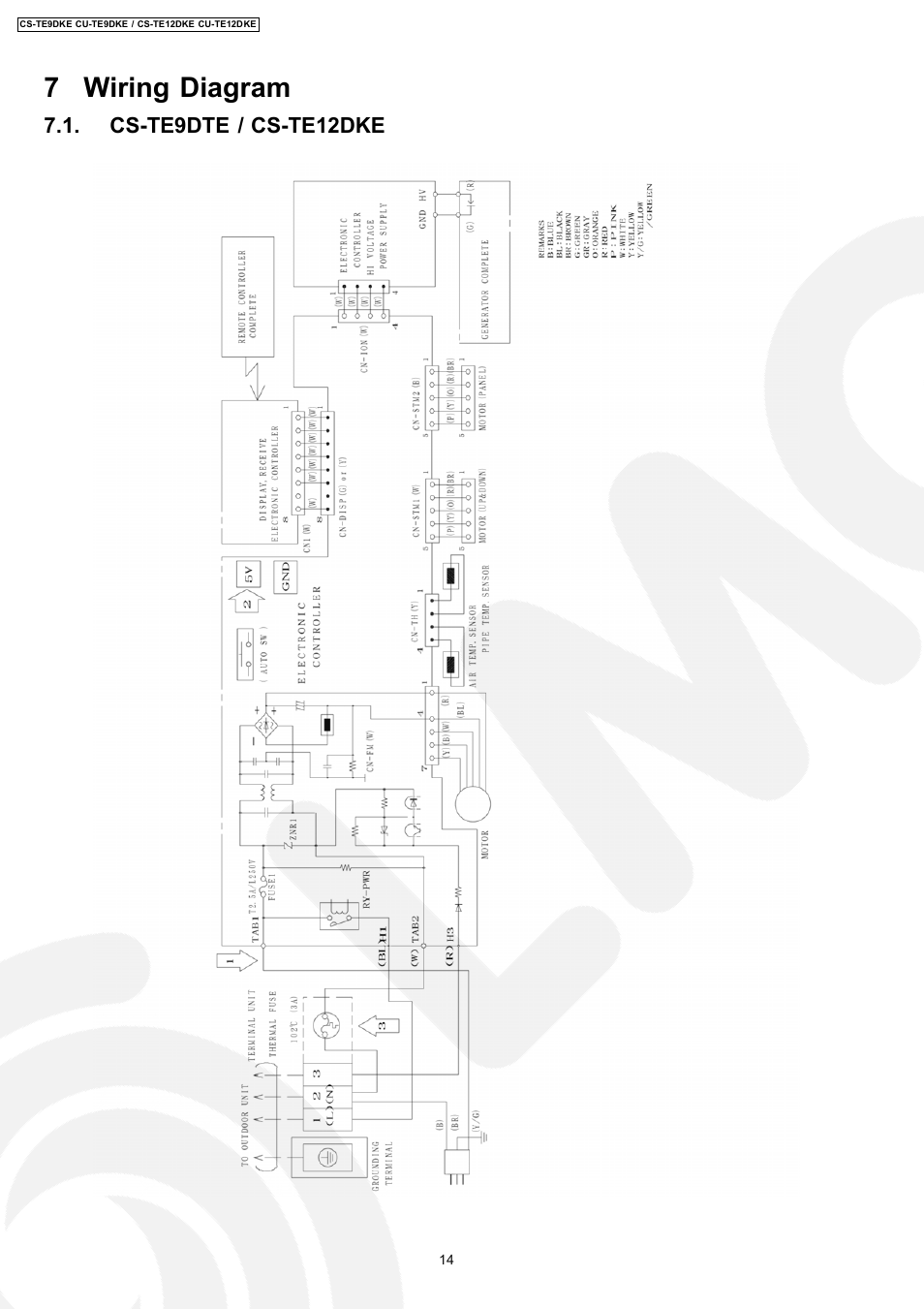 7 wiring diagram, Cs-te9dte / cs-te12dke | Panasonic CU-TE12DKE User Manual | Page 14 / 80