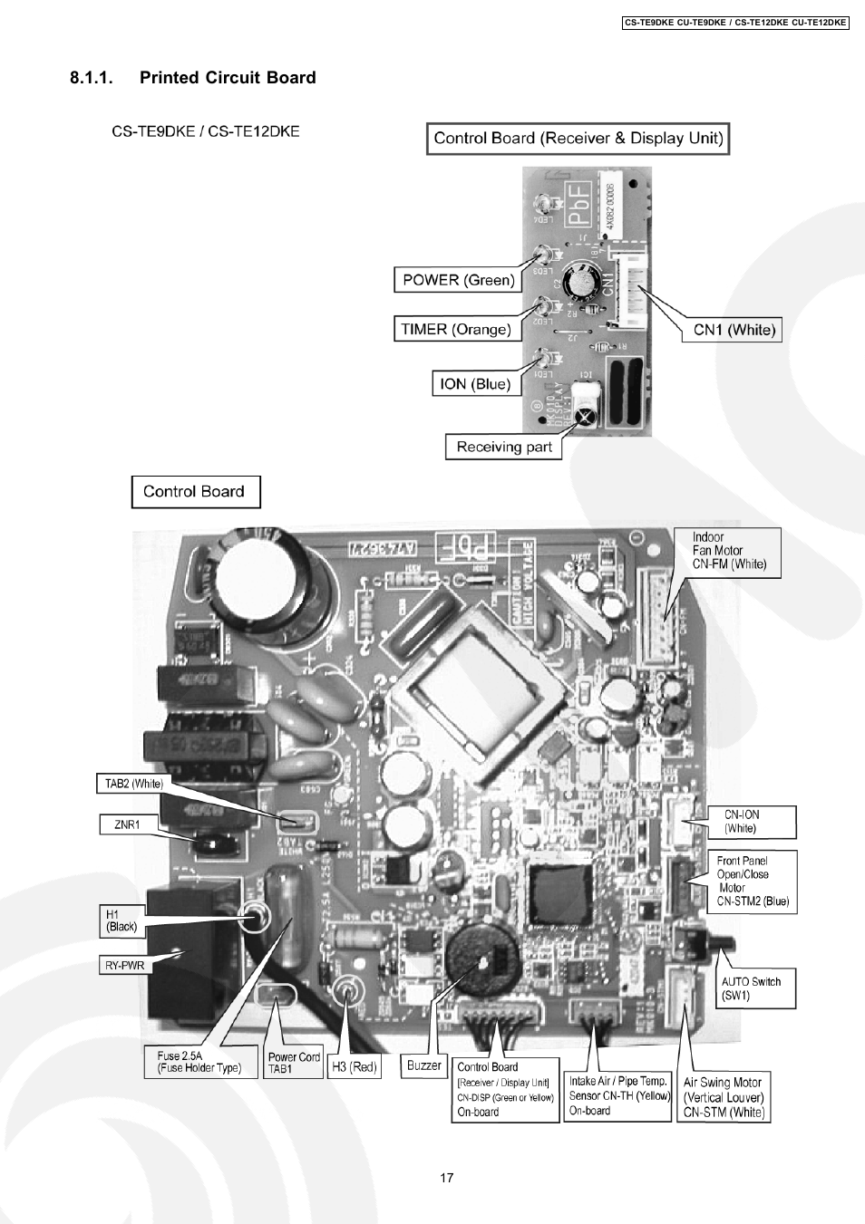 Printed circuit board | Panasonic CU-TE12DKE User Manual | Page 17 / 80