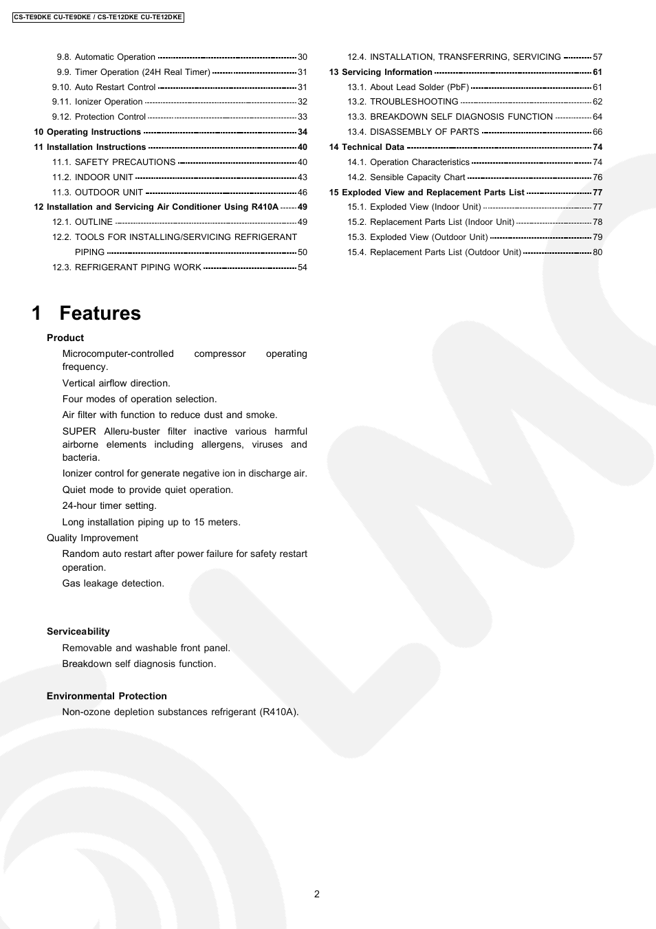 1 features | Panasonic CU-TE12DKE User Manual | Page 2 / 80
