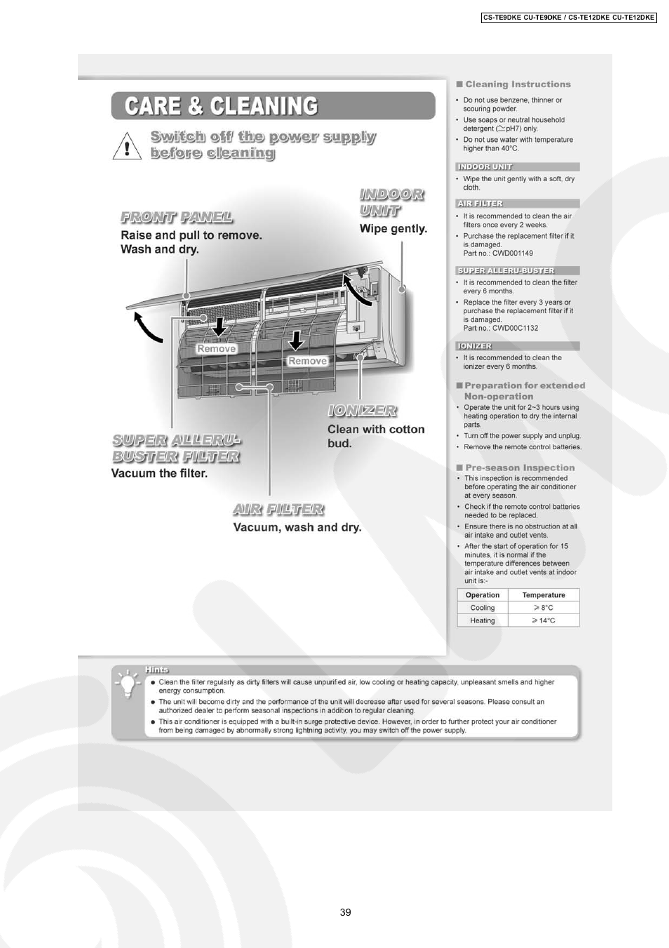 Panasonic CU-TE12DKE User Manual | Page 39 / 80