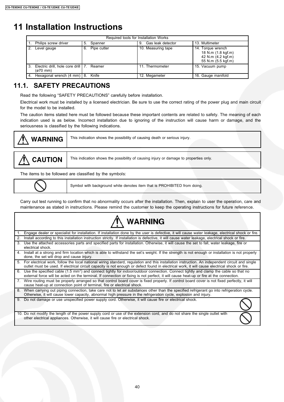 11 installation instructions, Safety precautions | Panasonic CU-TE12DKE User Manual | Page 40 / 80