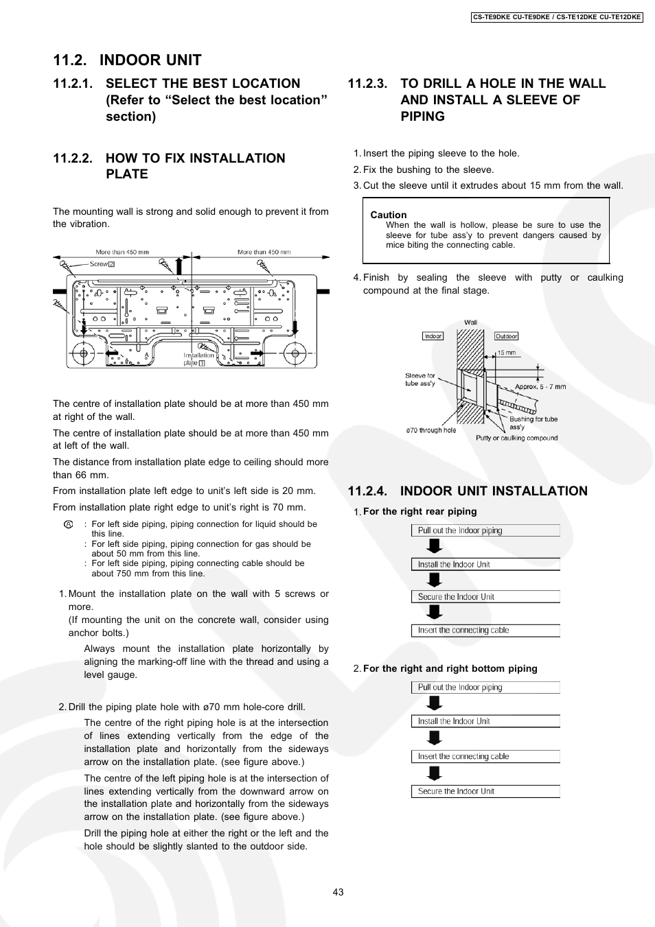 Indoor unit, Indoor unit installation | Panasonic CU-TE12DKE User Manual | Page 43 / 80