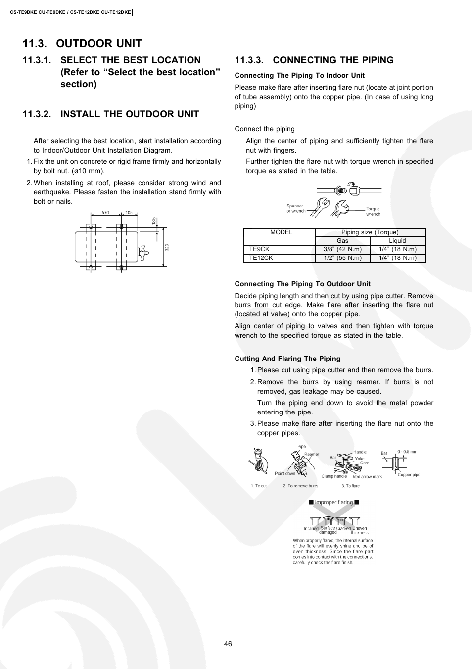 Outdoor unit, Connecting the piping | Panasonic CU-TE12DKE User Manual | Page 46 / 80