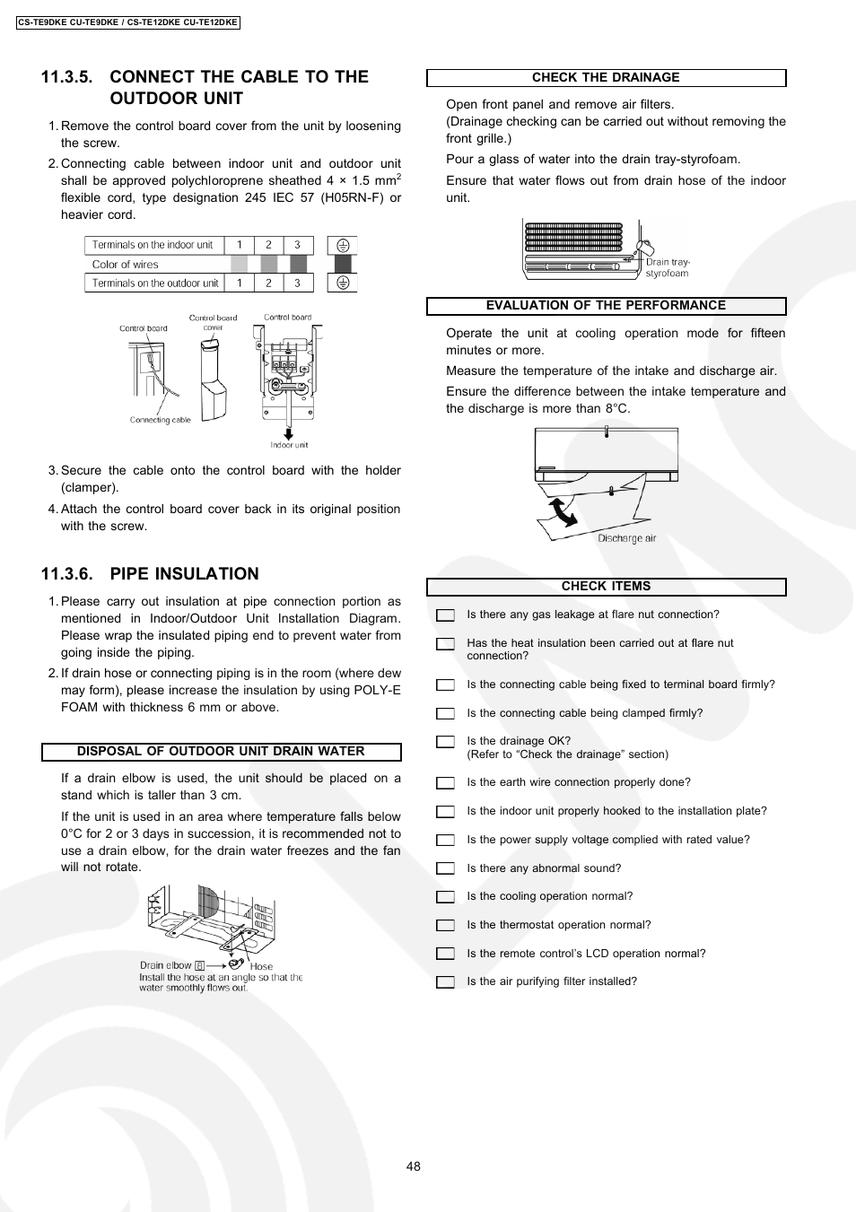 Connect the cable to the outdoor unit, Pipe insulation | Panasonic CU-TE12DKE User Manual | Page 48 / 80