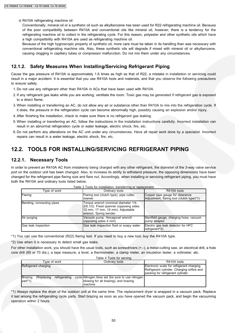 Tools for installing/servicing refrigerant piping, Necessary tools | Panasonic CU-TE12DKE User Manual | Page 50 / 80