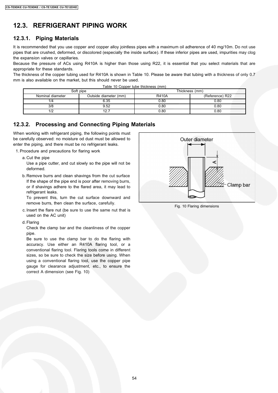 Refrigerant piping work, Piping materials, Processing and connecting piping materials | Panasonic CU-TE12DKE User Manual | Page 54 / 80