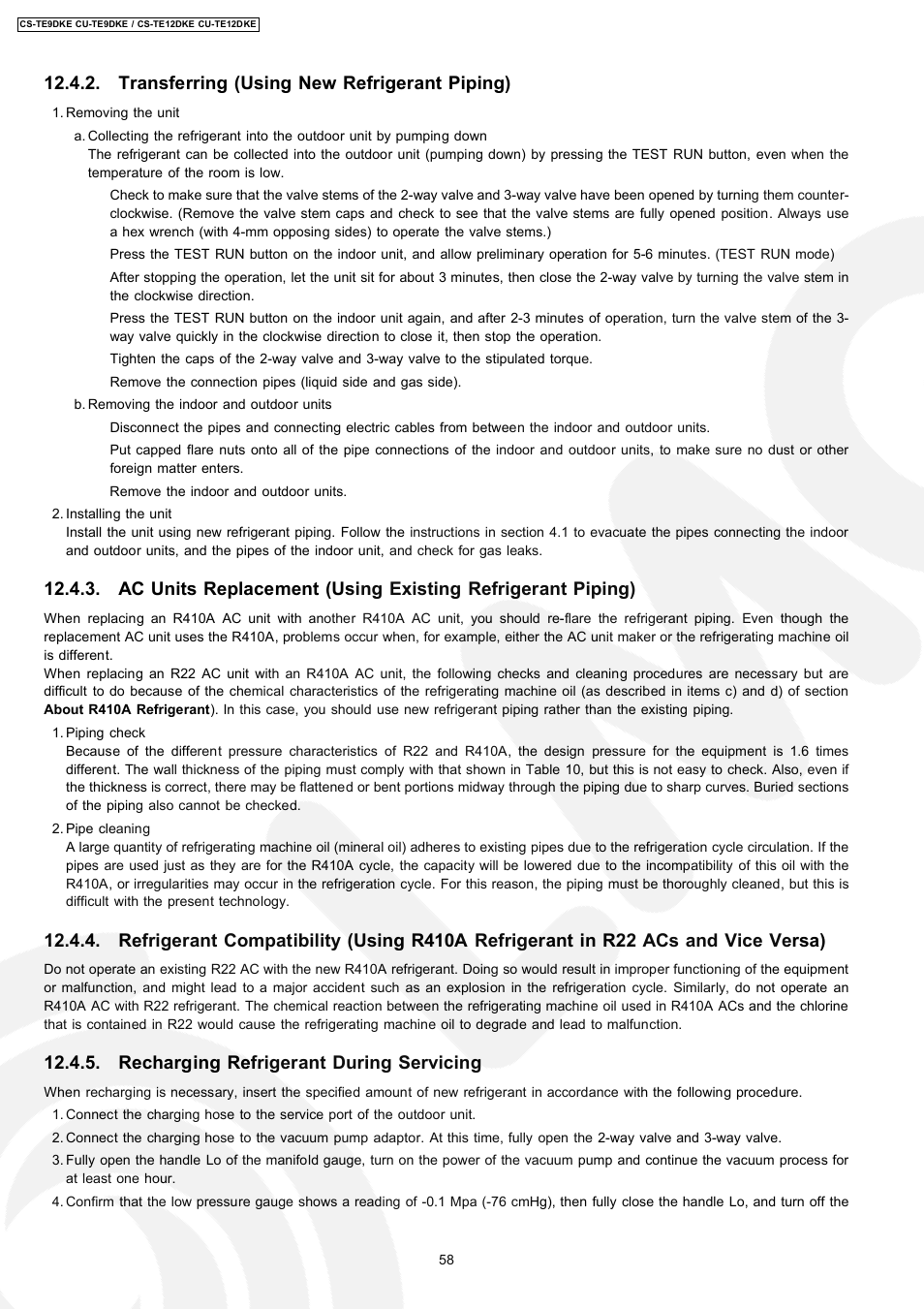 Transferring (using new refrigerant piping), Recharging refrigerant during servicing | Panasonic CU-TE12DKE User Manual | Page 58 / 80