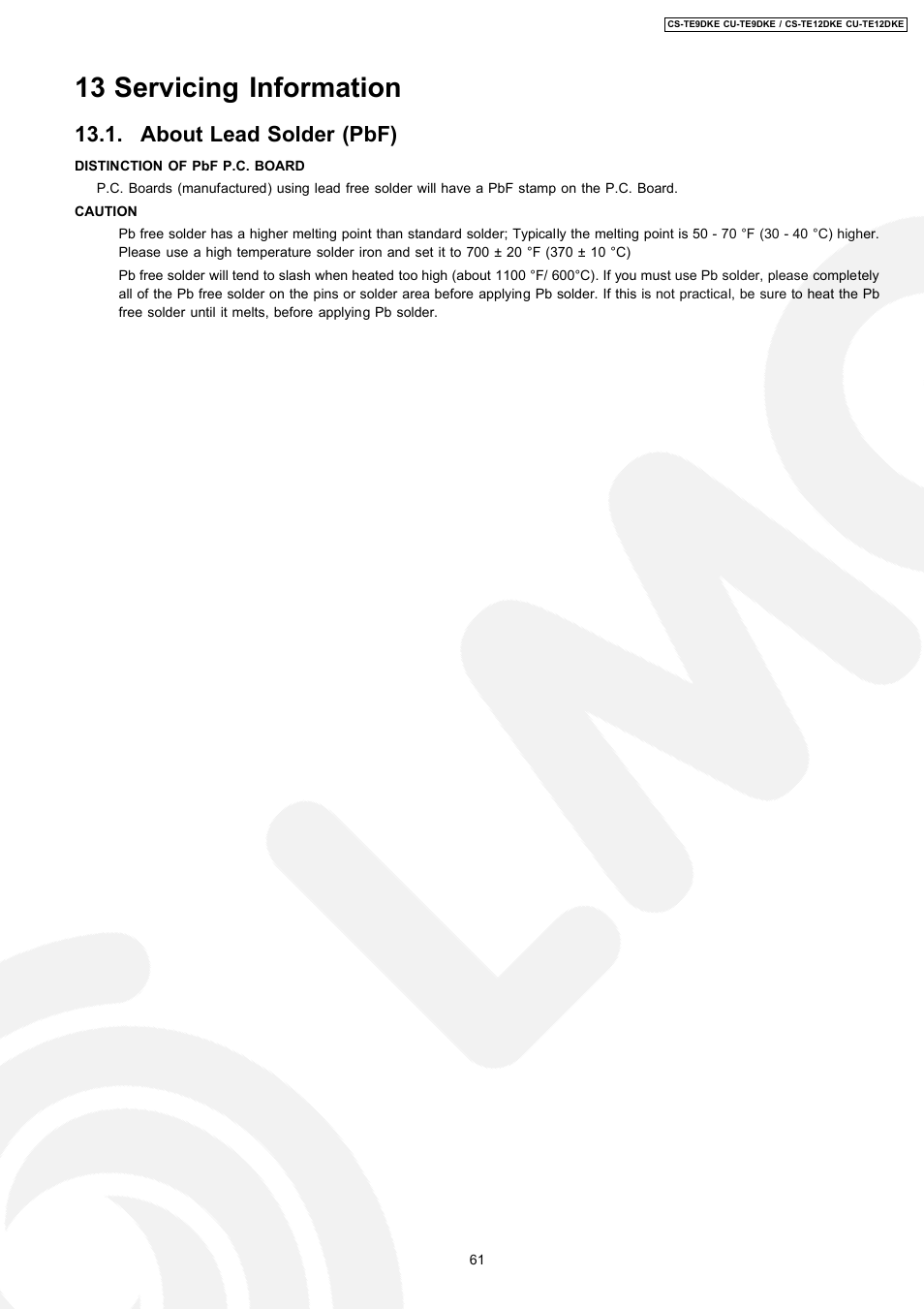 13 servicing information, About lead solder (pbf) | Panasonic CU-TE12DKE User Manual | Page 61 / 80