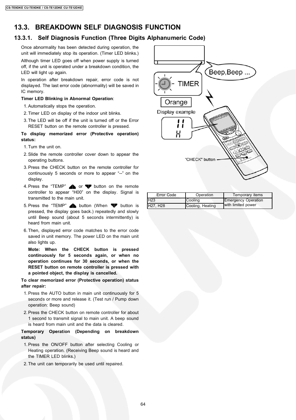 Breakdown self diagnosis function | Panasonic CU-TE12DKE User Manual | Page 64 / 80