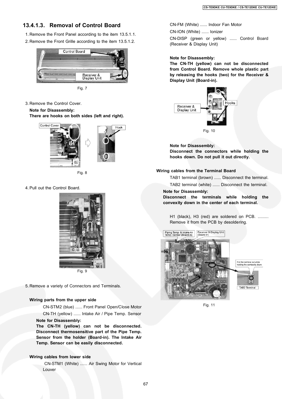 Removal of control board | Panasonic CU-TE12DKE User Manual | Page 67 / 80