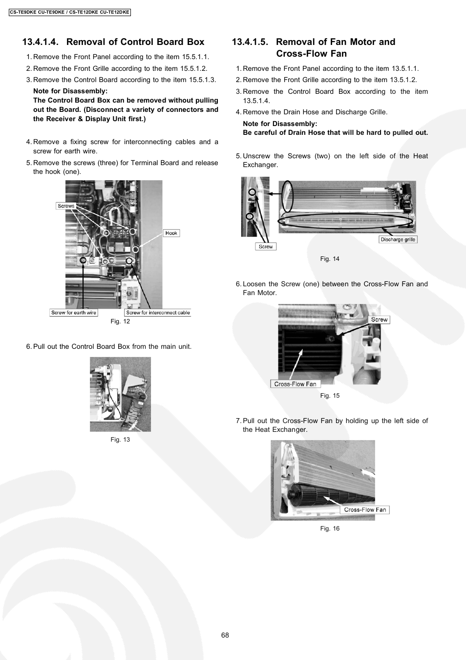 Removal of control board box, Removal of fan motor and cross-flow fan | Panasonic CU-TE12DKE User Manual | Page 68 / 80