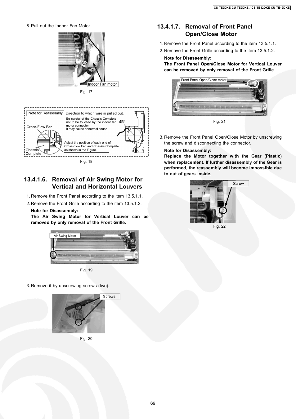 Removal of front panel open/close motor | Panasonic CU-TE12DKE User Manual | Page 69 / 80