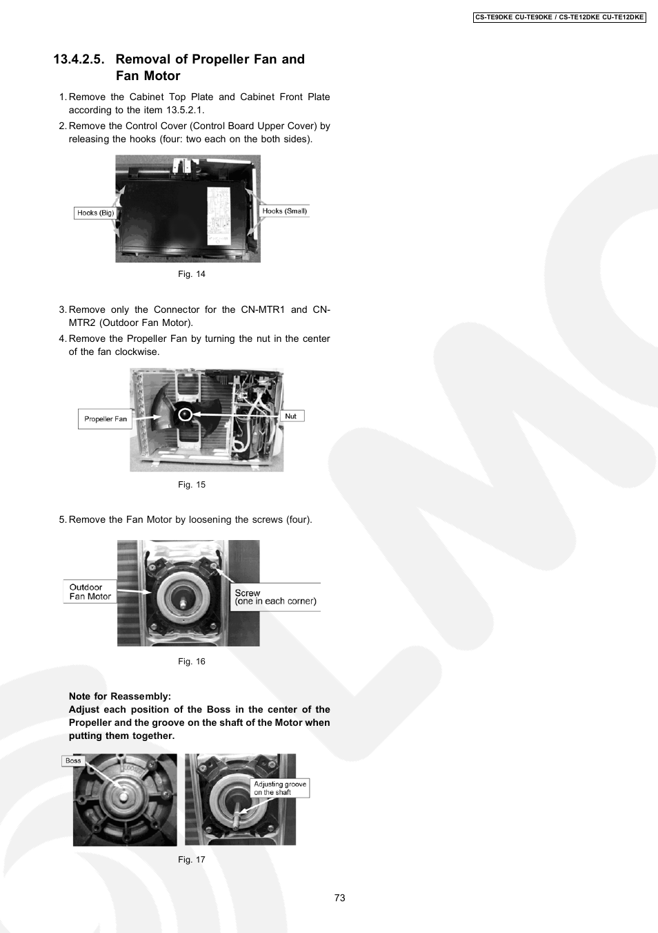Removal of propeller fan and fan motor | Panasonic CU-TE12DKE User Manual | Page 73 / 80