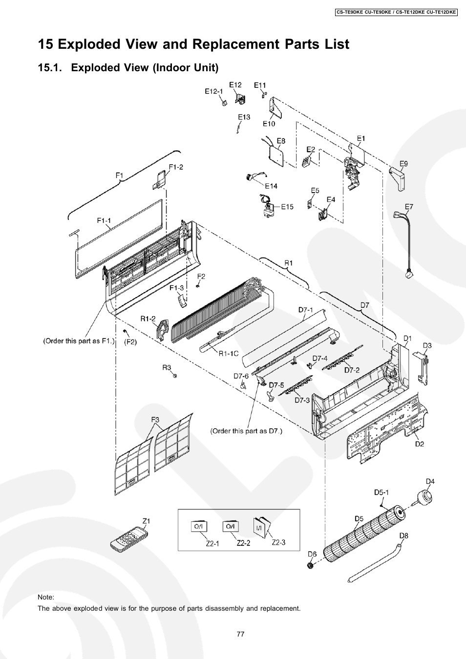 15 exploded view and replacement parts list, Exploded view (indoor unit) | Panasonic CU-TE12DKE User Manual | Page 77 / 80