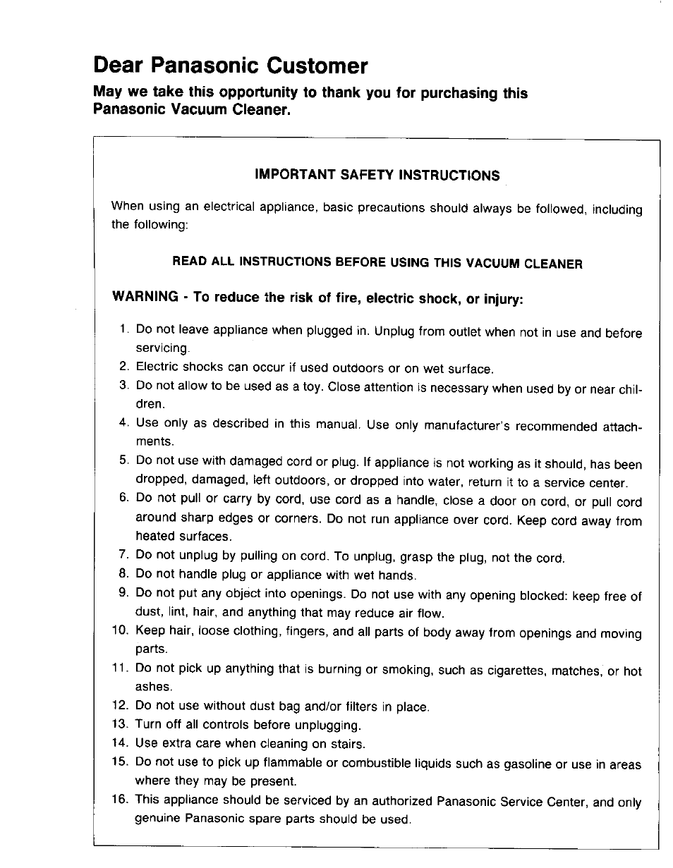 Dear panasonic customer, Important safety instructions | Panasonic MC-E852 User Manual | Page 2 / 8