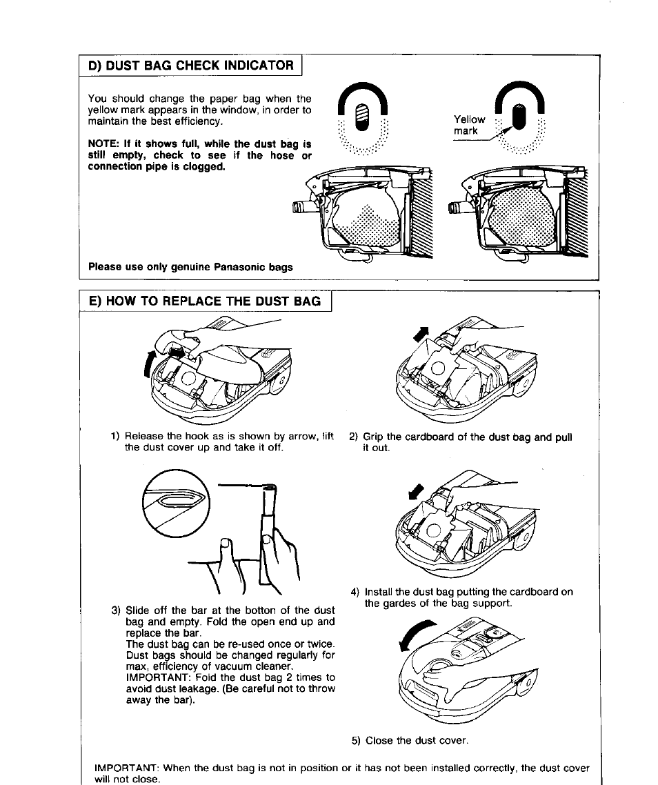 D) dust bag check indicator, E) how to replace the dust bag | Panasonic MC-E852 User Manual | Page 7 / 8