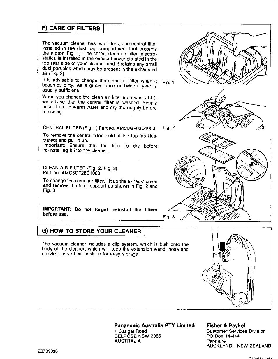 F) care of filters, G) how to store your cleaner | Panasonic MC-E852 User Manual | Page 8 / 8