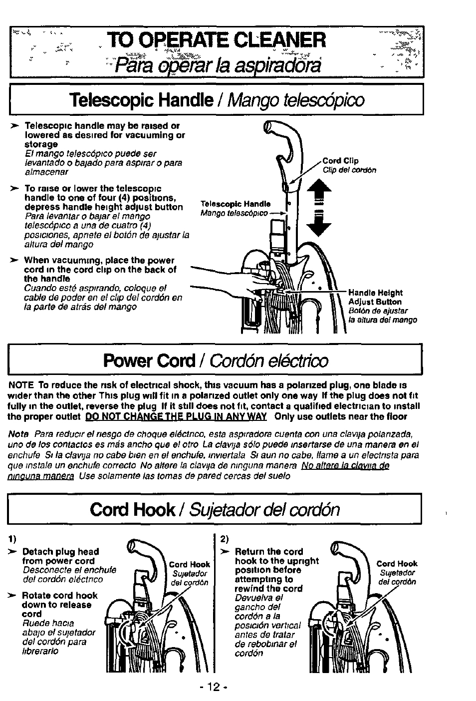 Pa/a, Tn opppatp r^l pampp, Operarla aspiradora | Telescopic handle / /wango, Power cord, Cord hook, Telescópico, Cordón eléctrico, Sujetador del cordón | Panasonic MC-V7515 User Manual | Page 12 / 28