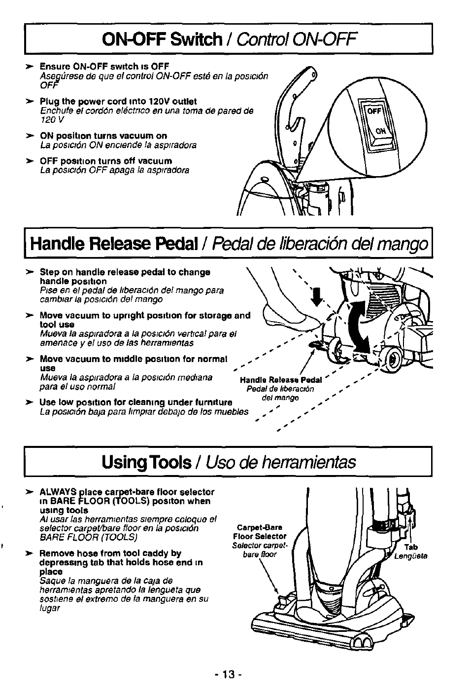 On-off switch, Handle release pedal, Using tools | Control on-off, Pedal de liberación del mango, Uso de herramientas | Panasonic MC-V7515 User Manual | Page 13 / 28
