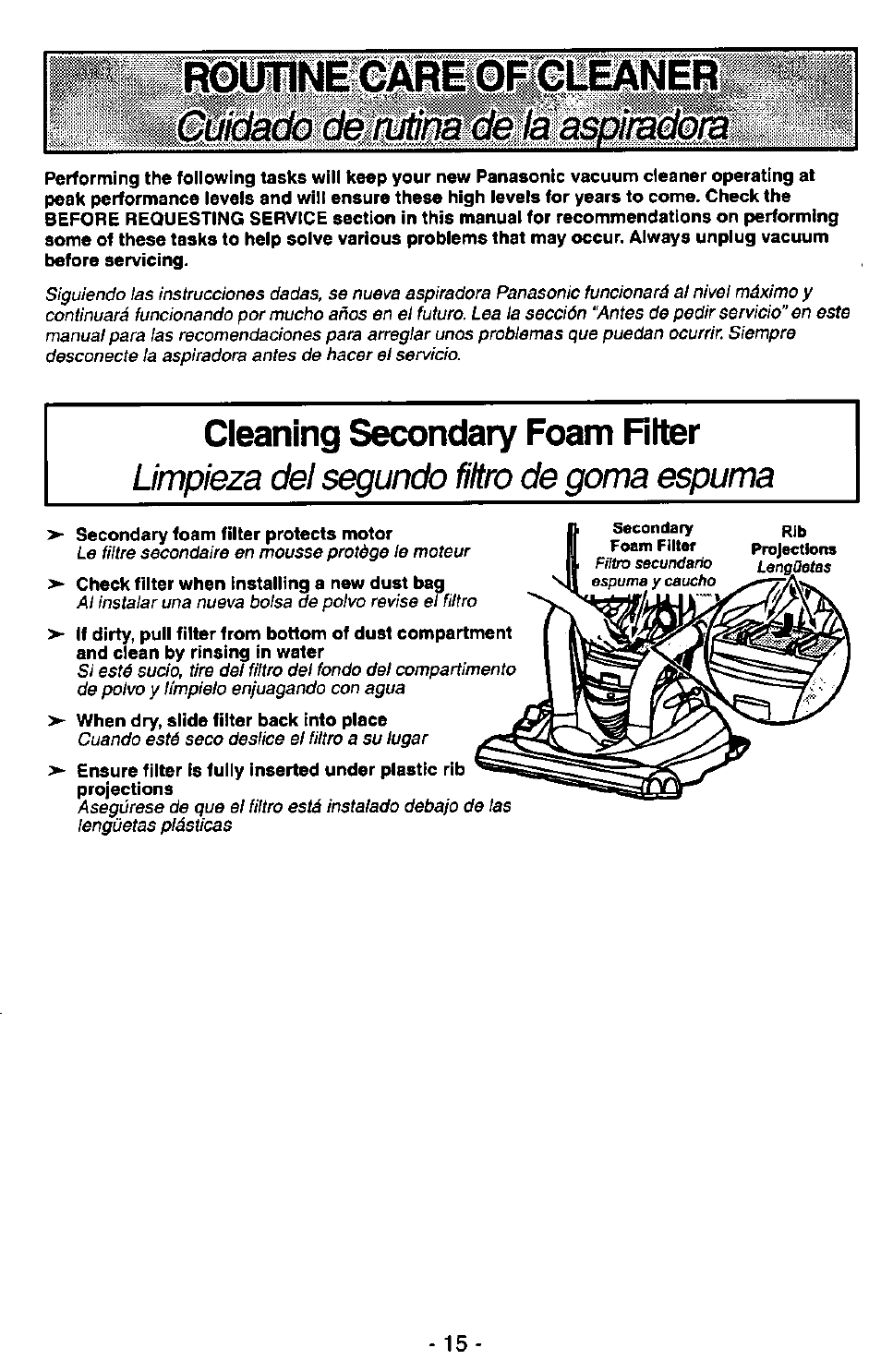 Cleaning secondary foam filter, Limpieza del segundo filtro de goma espuma | Panasonic MC-V7515 User Manual | Page 15 / 28