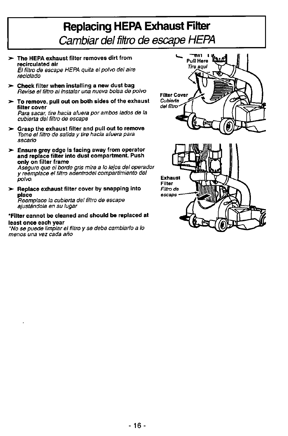 Replacing hepa exhaust riter, Camtíar del filtro de escape hepa | Panasonic MC-V7515 User Manual | Page 16 / 28
