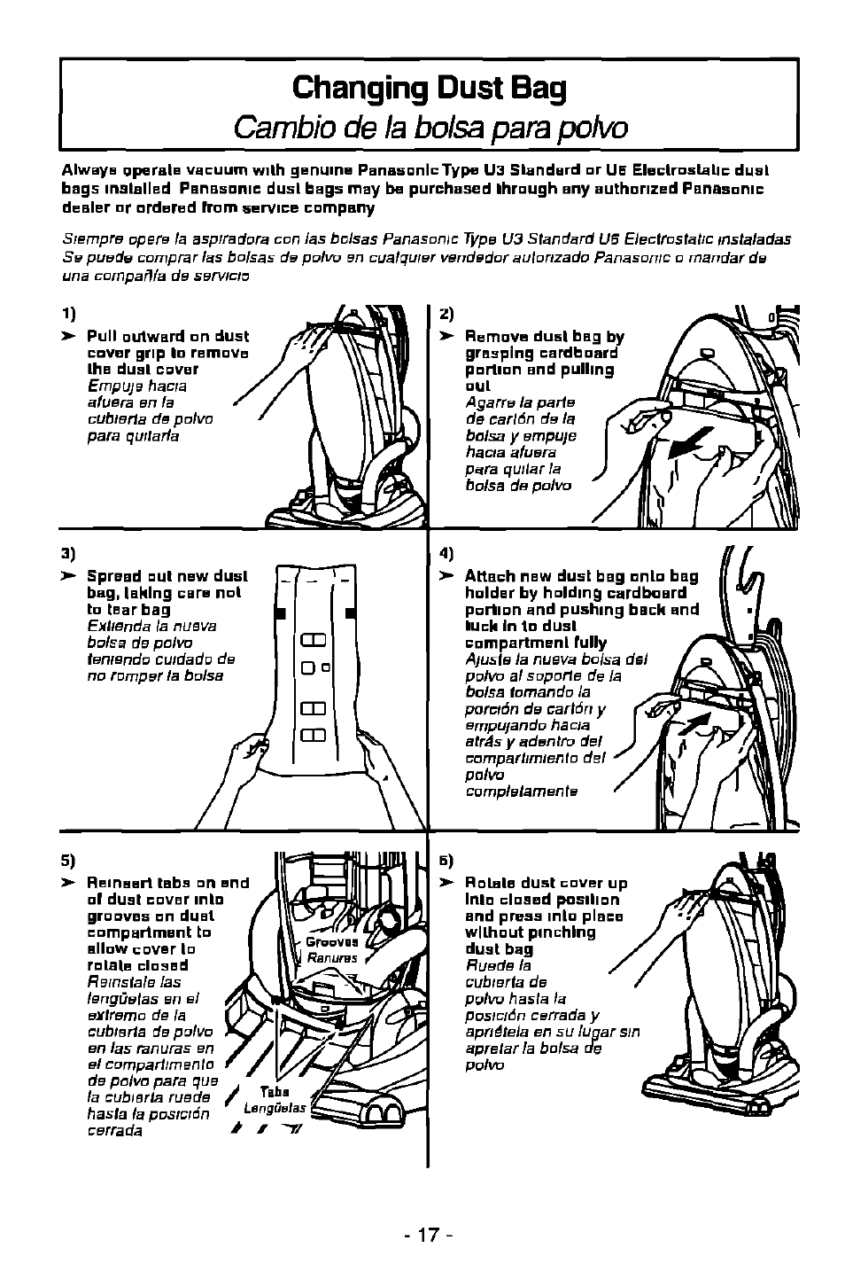 Changing dust bag, Cambio de la bolsa para polvo | Panasonic MC-V7515 User Manual | Page 17 / 28