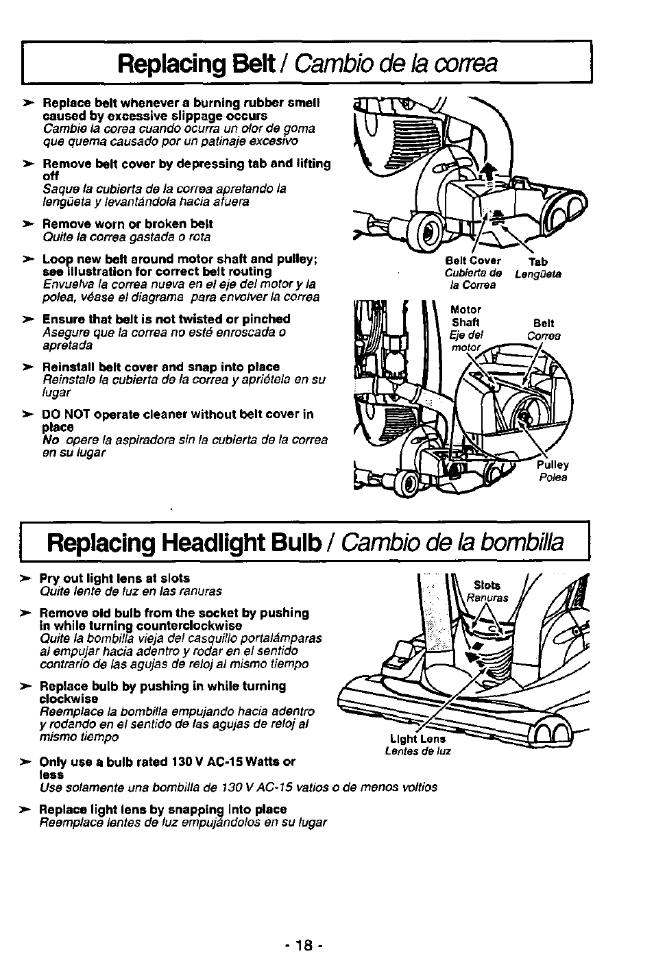 Replacing belt, Replacing headlight bulb, Cambio de la correa | Cambio de la bombilla | Panasonic MC-V7515 User Manual | Page 18 / 28