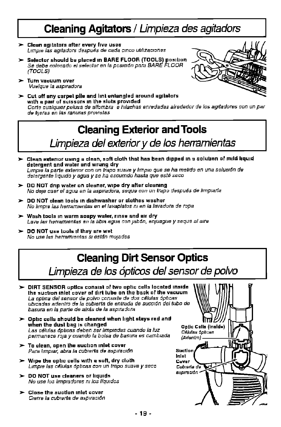 Cleaning agitators, Cleaning exterior and tools, Cleaning dirt sensor optics | Limpieza des agitadors, Limpieza dei exterior y de ios herramientas, Limpieza de los ópticos del sensor de pol\x | Panasonic MC-V7515 User Manual | Page 19 / 28