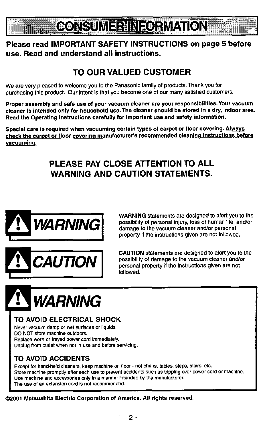 Conshimeriineobmmilqn, To avoid electrical shock, To avoid accidents | Warning, Caution | Panasonic MC-V7515 User Manual | Page 2 / 28