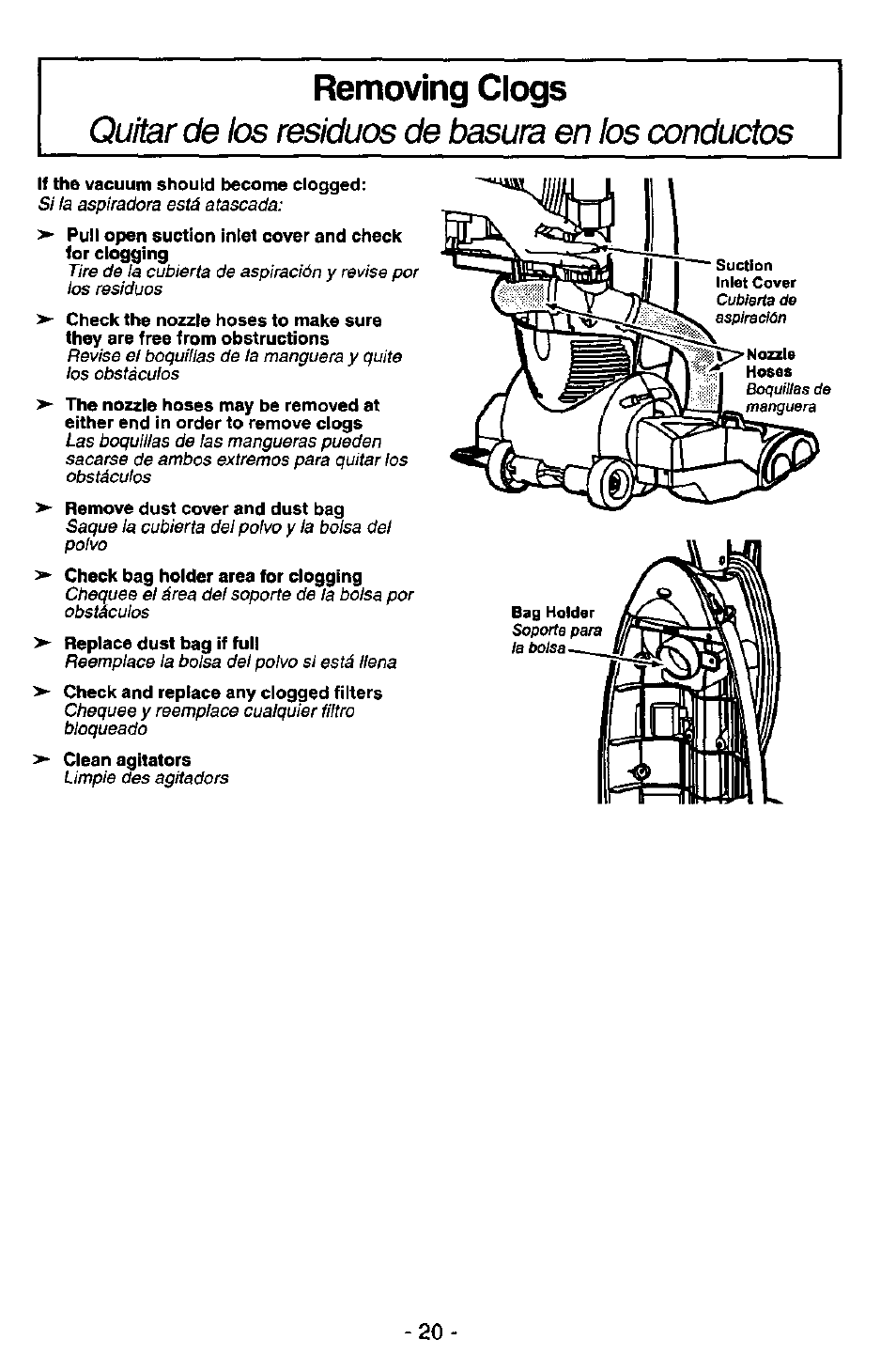 Removíng clogs, Quitar de los residuos de basura en los conductos | Panasonic MC-V7515 User Manual | Page 20 / 28