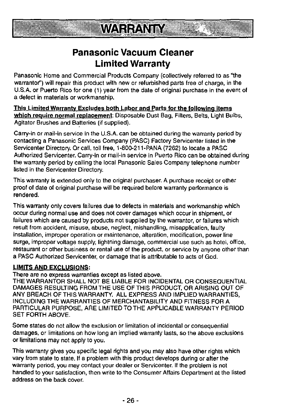 Warranty, Panasonic vacuum cleaner limited warranty | Panasonic MC-V7515 User Manual | Page 26 / 28