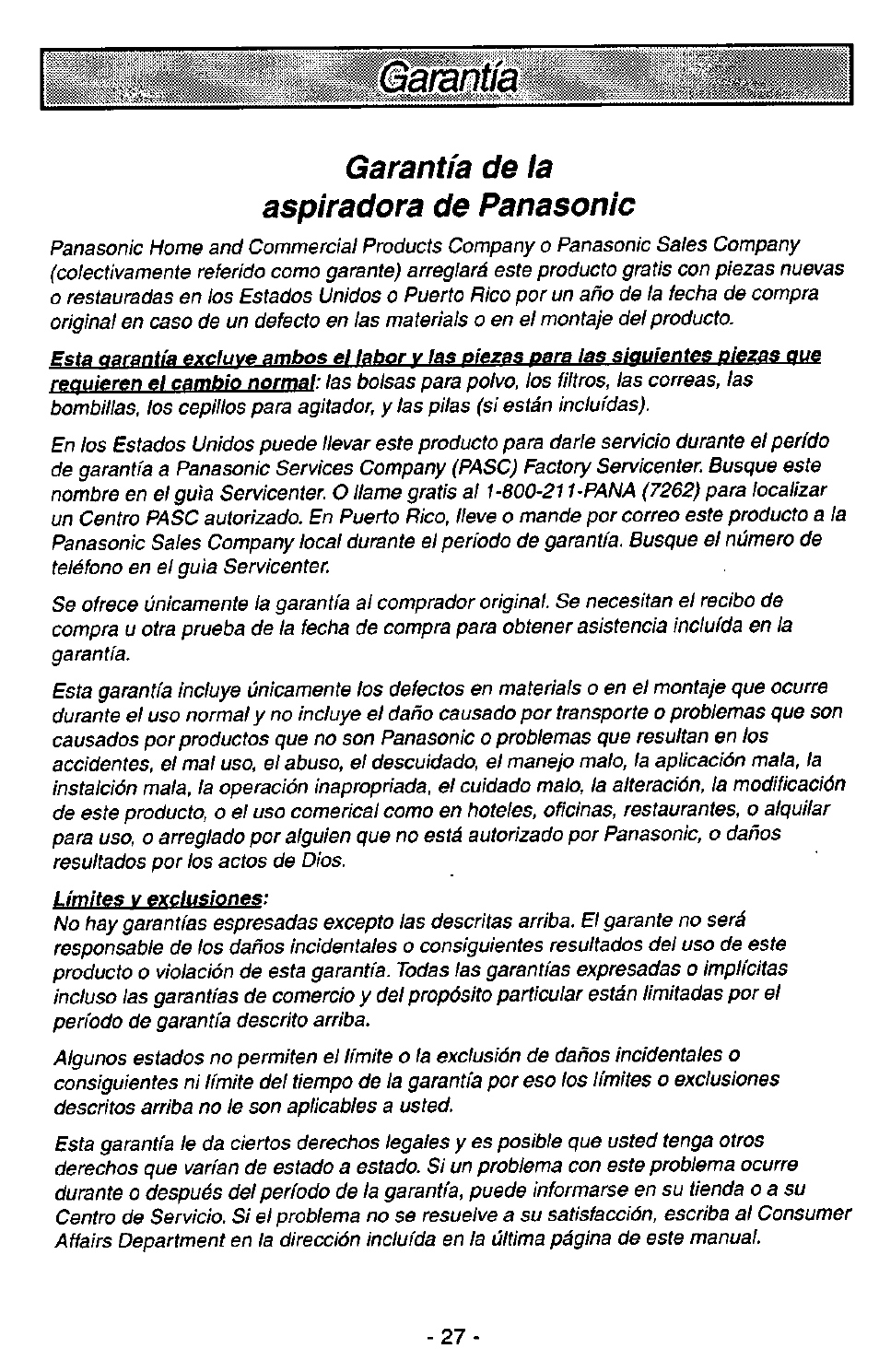 Garantía de la aspiradora de panasonic | Panasonic MC-V7515 User Manual | Page 27 / 28