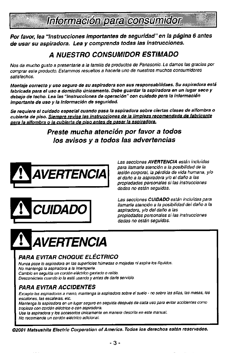 Avertencia, Cuidado, Información para consümiaor | Panasonic MC-V7515 User Manual | Page 3 / 28