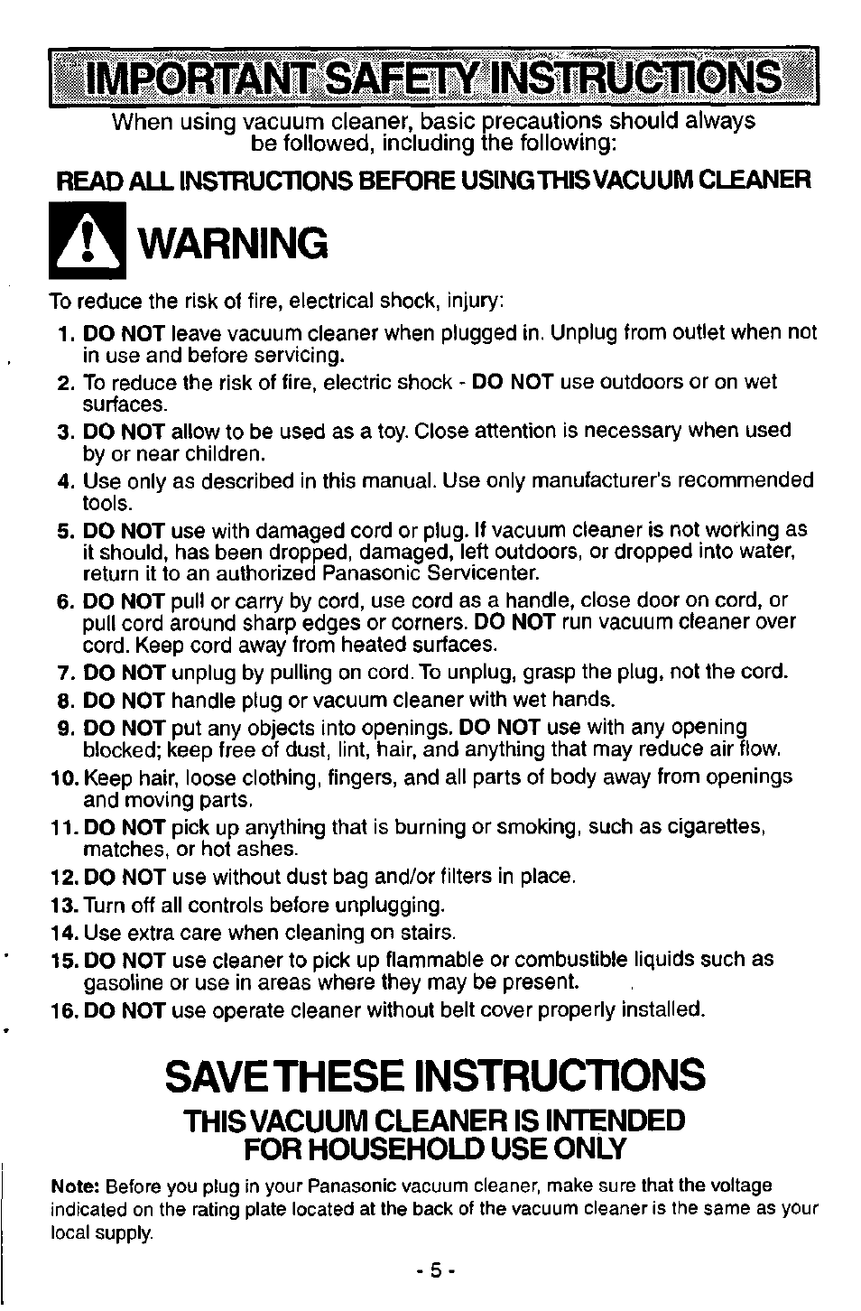 Warning, Savethese instructions | Panasonic MC-V7515 User Manual | Page 5 / 28