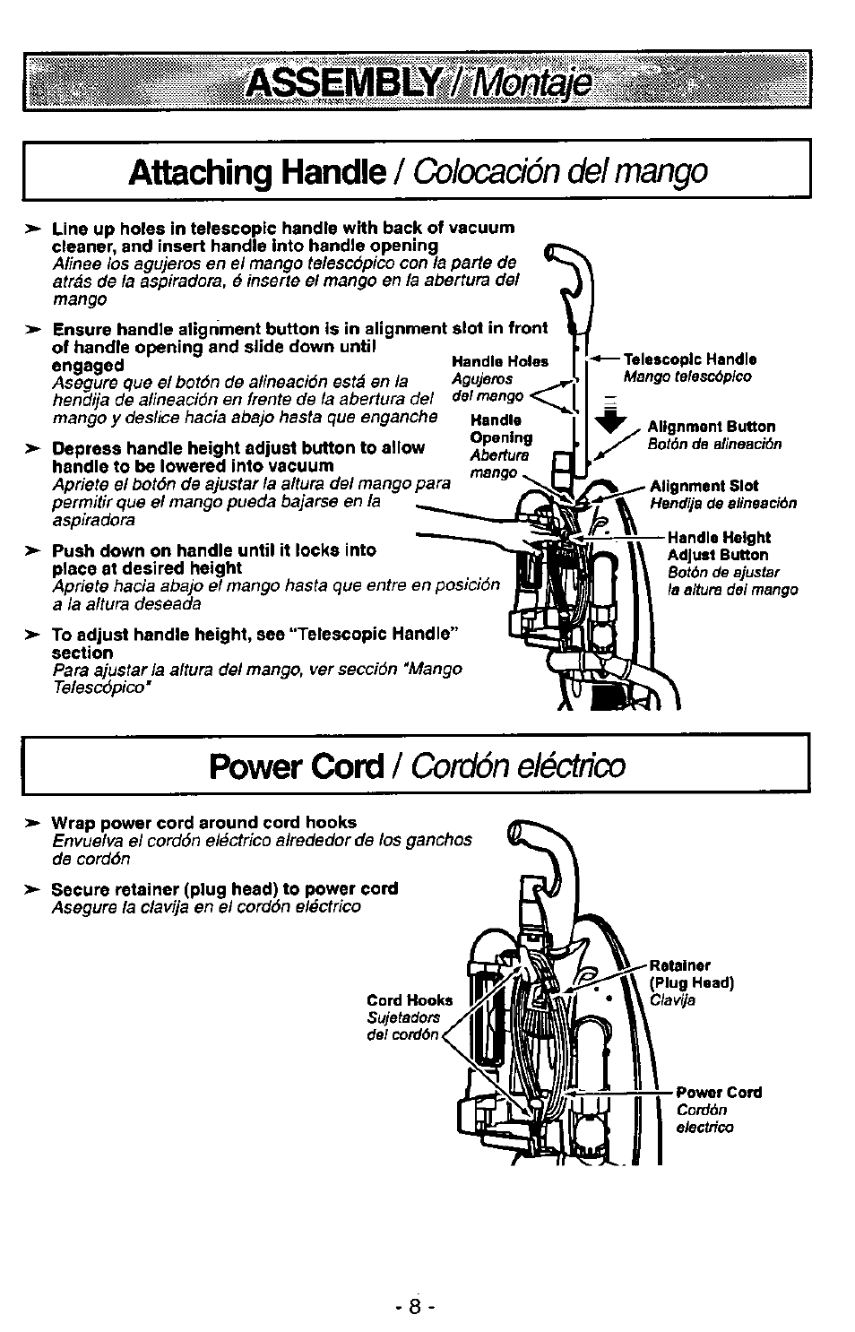 Àssemblyfm?nm, Attaching handle, Power cord | Colocadón del meaigo, Cordón eléctrico | Panasonic MC-V7515 User Manual | Page 8 / 28