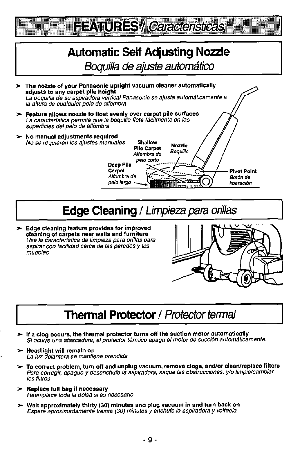 Automatic self adjusting nozzie, Edge cleaning, Thermal | Boquilla de ajuste automático, Limpieza para orillas, Prat^or / protector termal | Panasonic MC-V7515 User Manual | Page 9 / 28