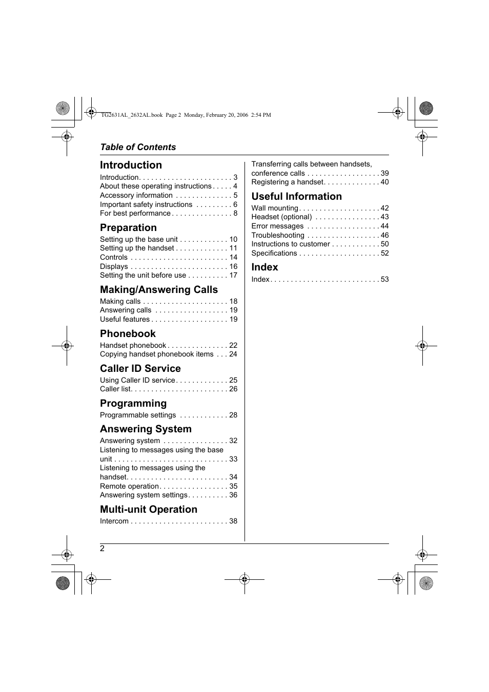 Introduction, Preparation, Making/answering calls | Phonebook, Caller id service, Programming, Answering system, Multi-unit operation, Useful information, Index | Panasonic KX-TG2631AL User Manual | Page 2 / 56