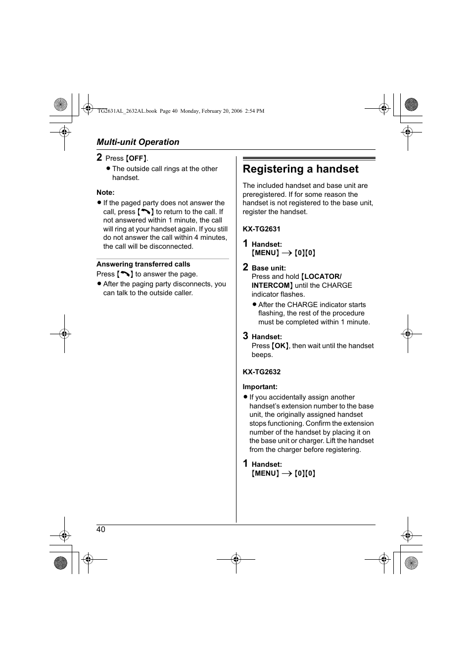 Registering a handset | Panasonic KX-TG2631AL User Manual | Page 40 / 56