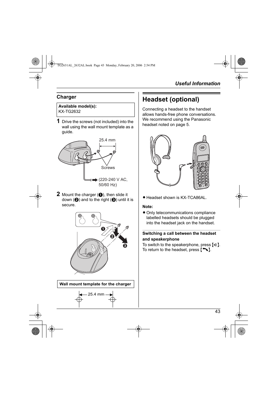 Headset (optional) | Panasonic KX-TG2631AL User Manual | Page 43 / 56